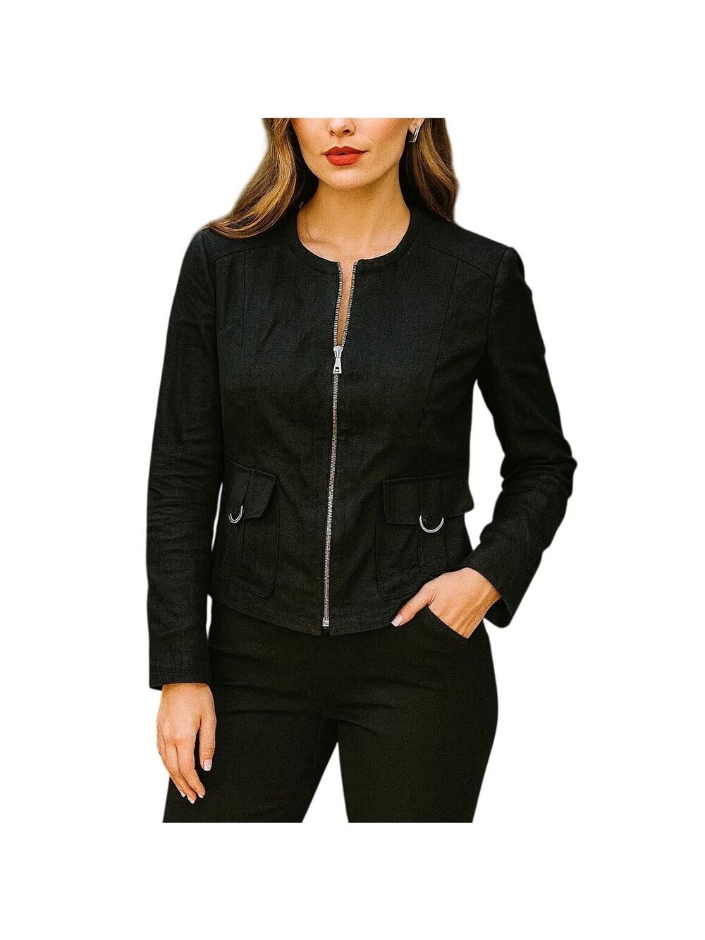 Basler Womens Italian Linen Full Zip Jacket Small Black Career Modern Luxury